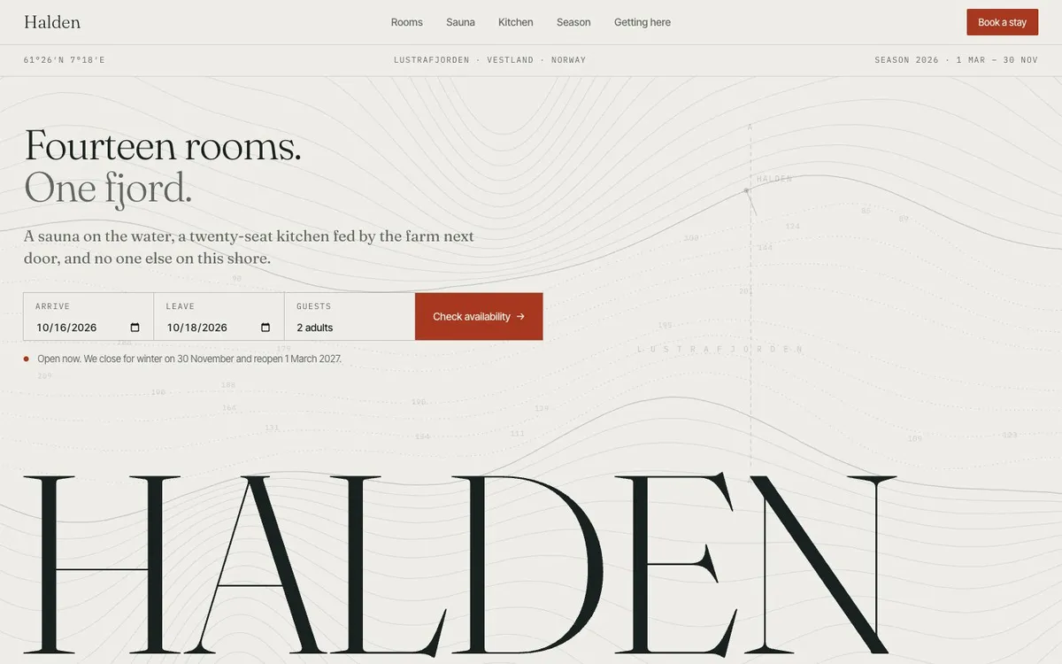 Halden: a fjord hotel site with a monumental serif wordmark and a booking bar