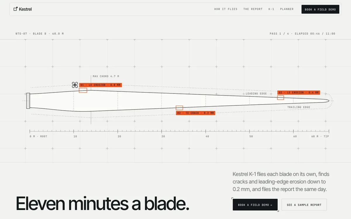 Kestrel: a wind-turbine inspection drone site with an annotated blade drawing