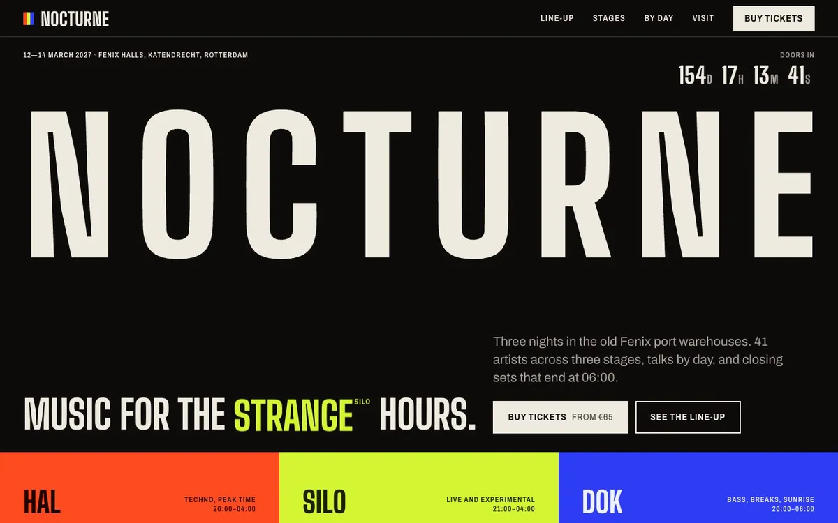 Nocturne: a music festival site with condensed poster type and colour bands per stage