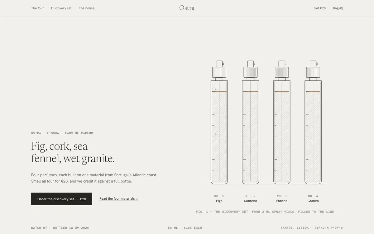 Ostra: a quiet fragrance shop with four vials drawn as a specimen set