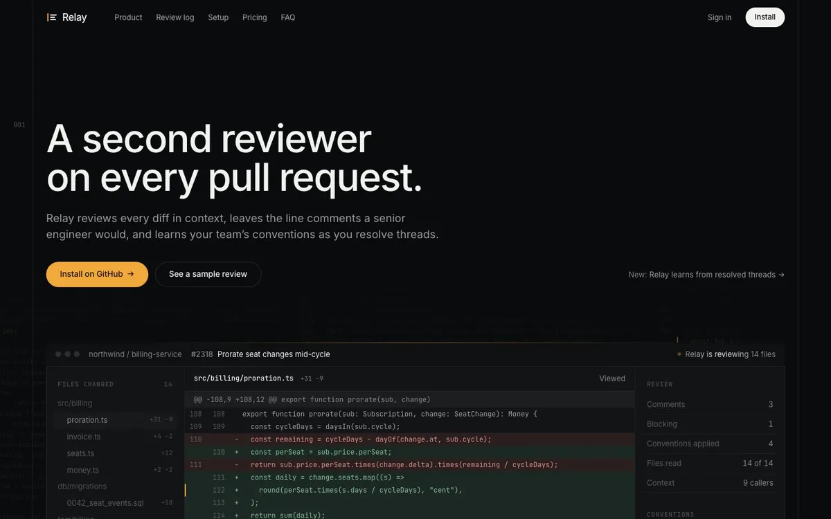 Relay: a dark developer-tool site with a code review shown in a rebuilt pull request