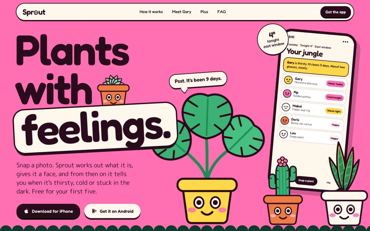Sprout: a pink plant-care app site with a cast of plant characters