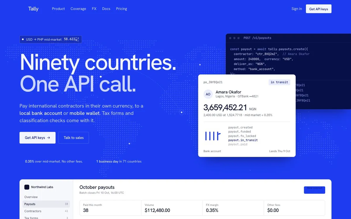 Tally: a contractor-payments API site on a cobalt band with a payout card