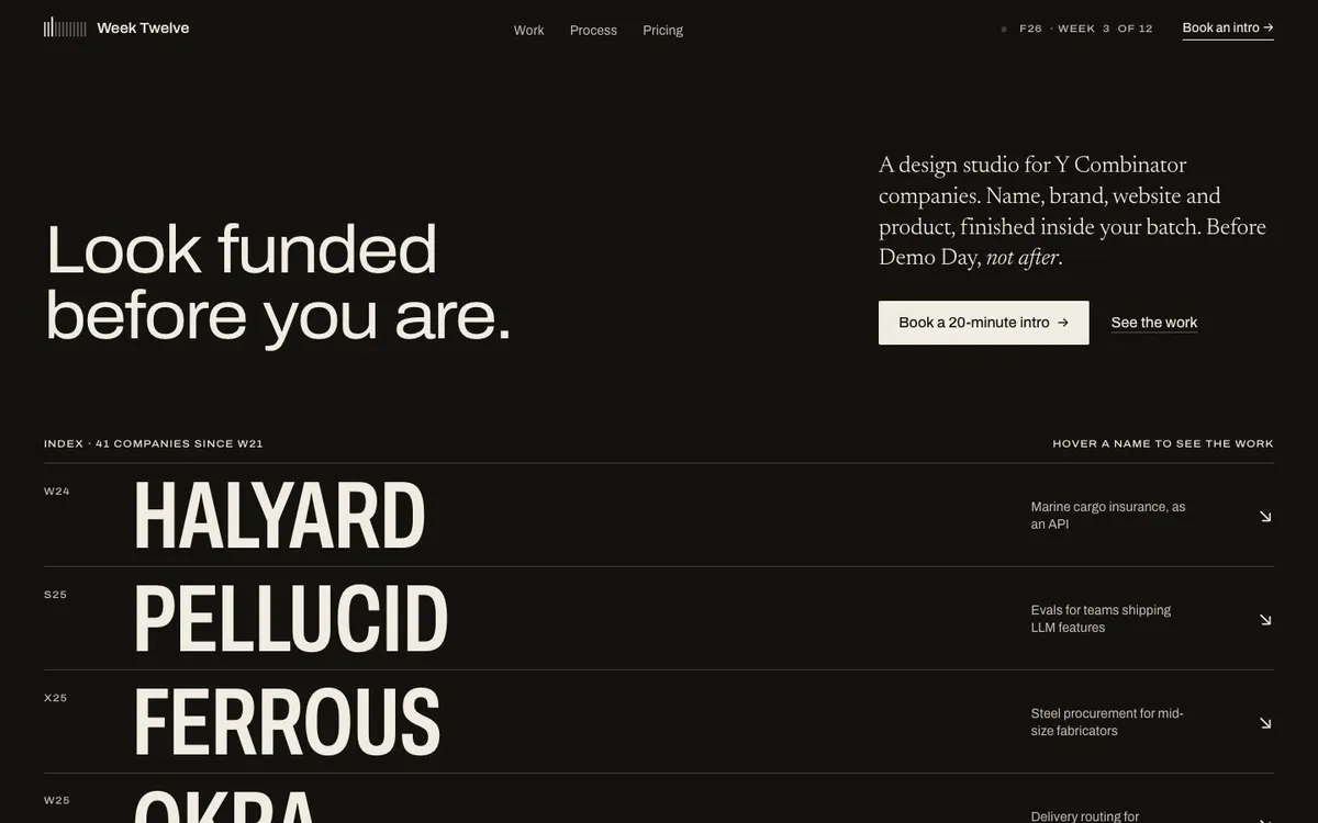 Week Twelve: a design studio site whose hero is a client index in condensed capitals